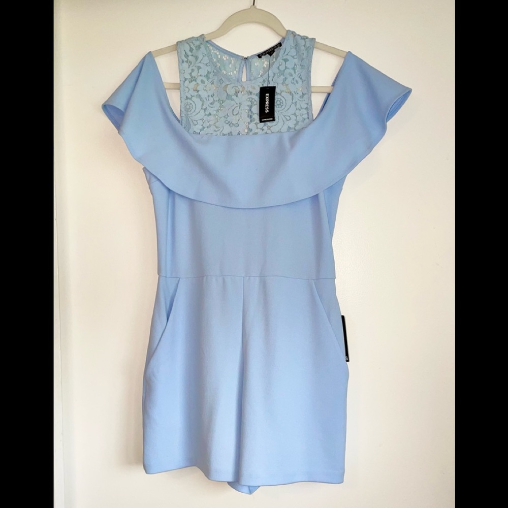 *SOLD* Express S 10 cold shoulder romper. Baby Blue with ruffle and lace details